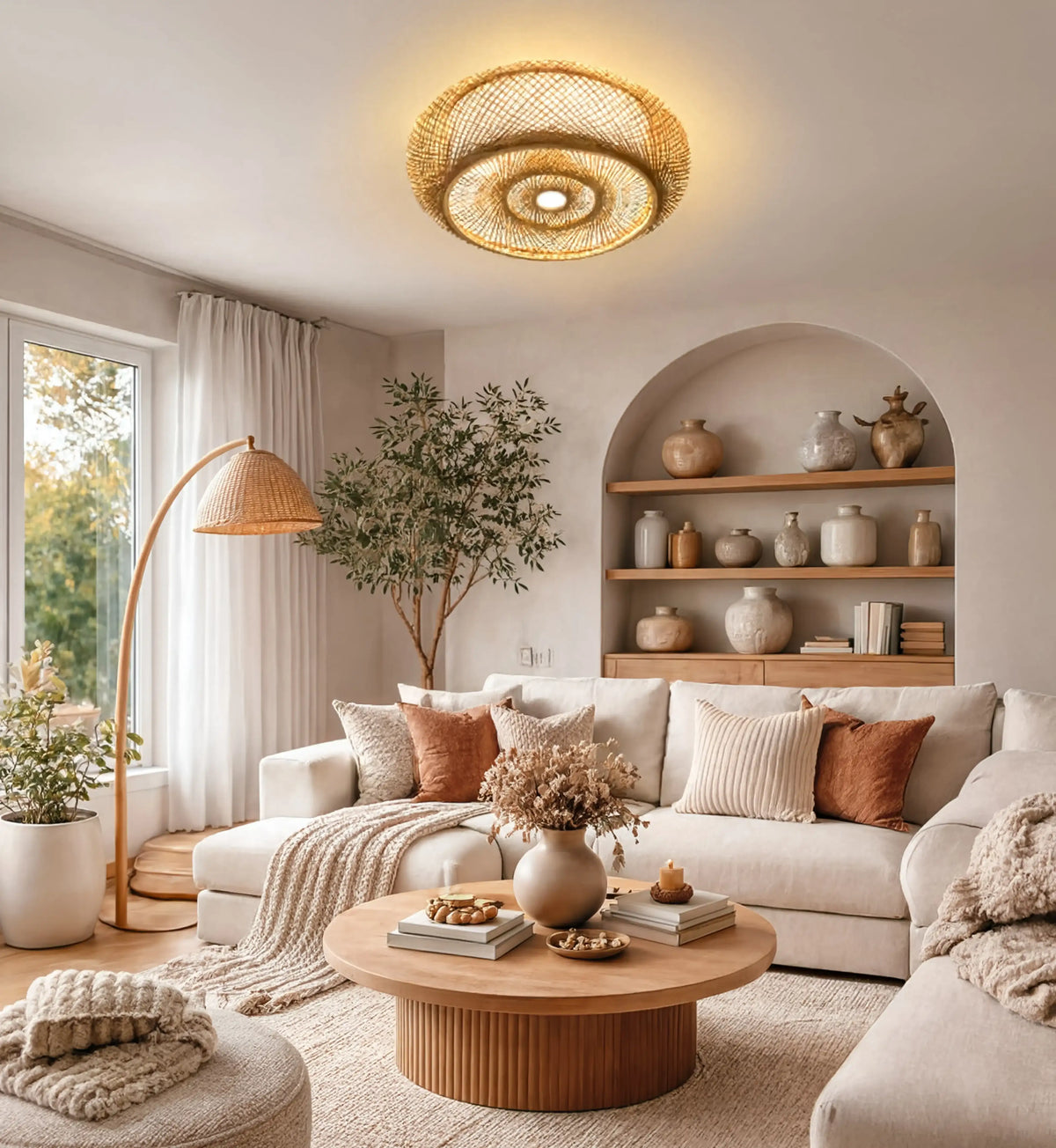 Ithaque woven rattan flush mount ceiling light with concentric circles – shown in a room setting (4)