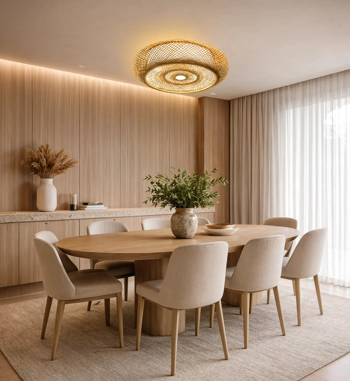 Ithaque woven rattan flush mount ceiling light with concentric circles – shown in a room setting (3)