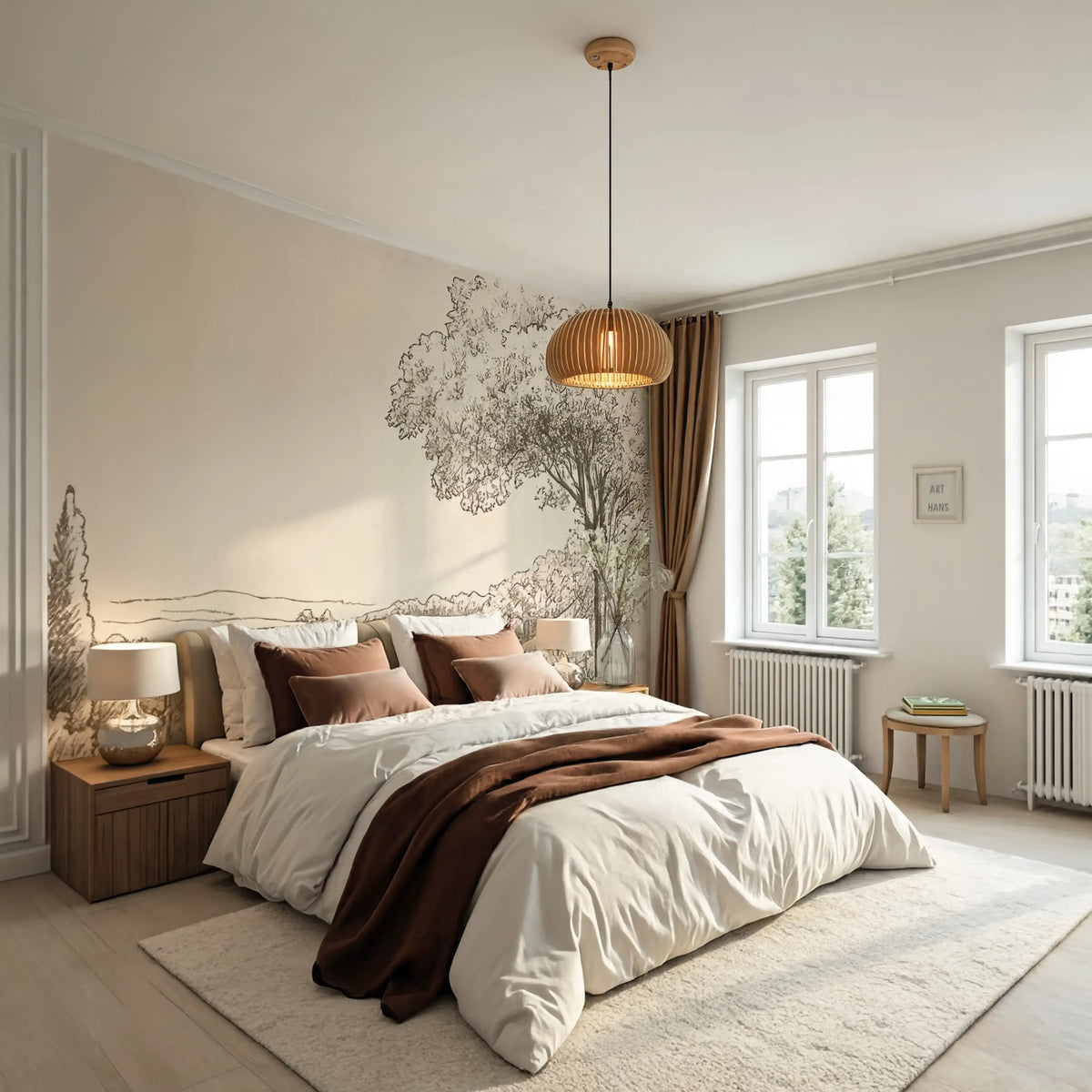 Kea rattan lantern pendant light – shown in a bedroom (5)