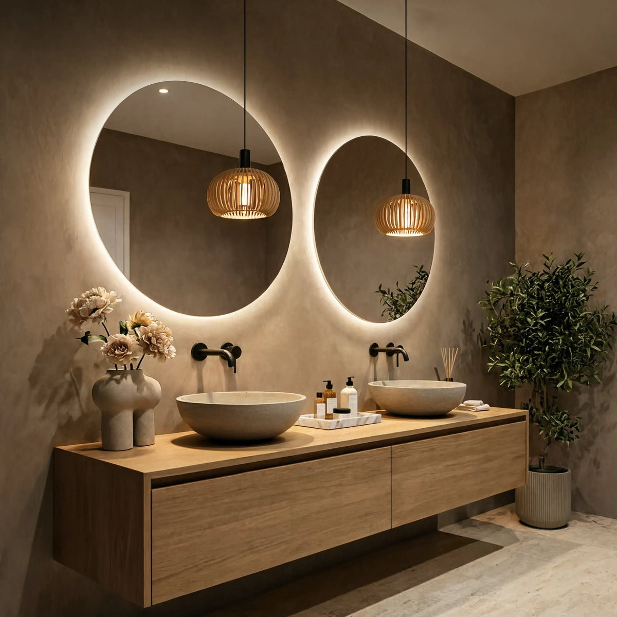 Kea rattan lantern pendant light – shown in a bathroom