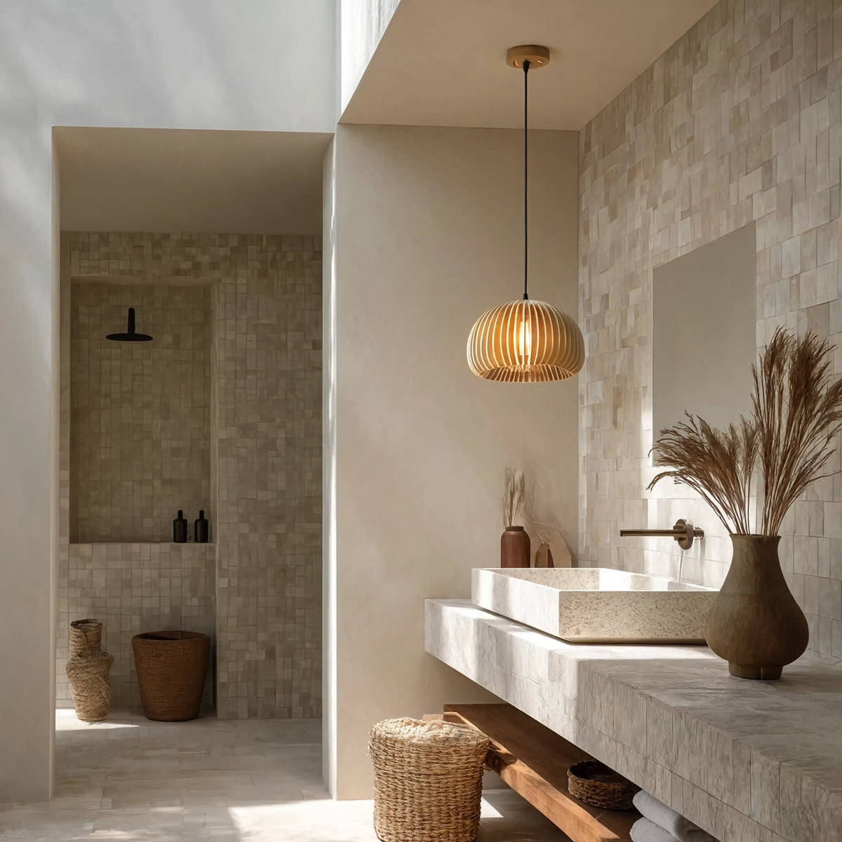Kea rattan lantern pendant light – shown in a bathroom (2)