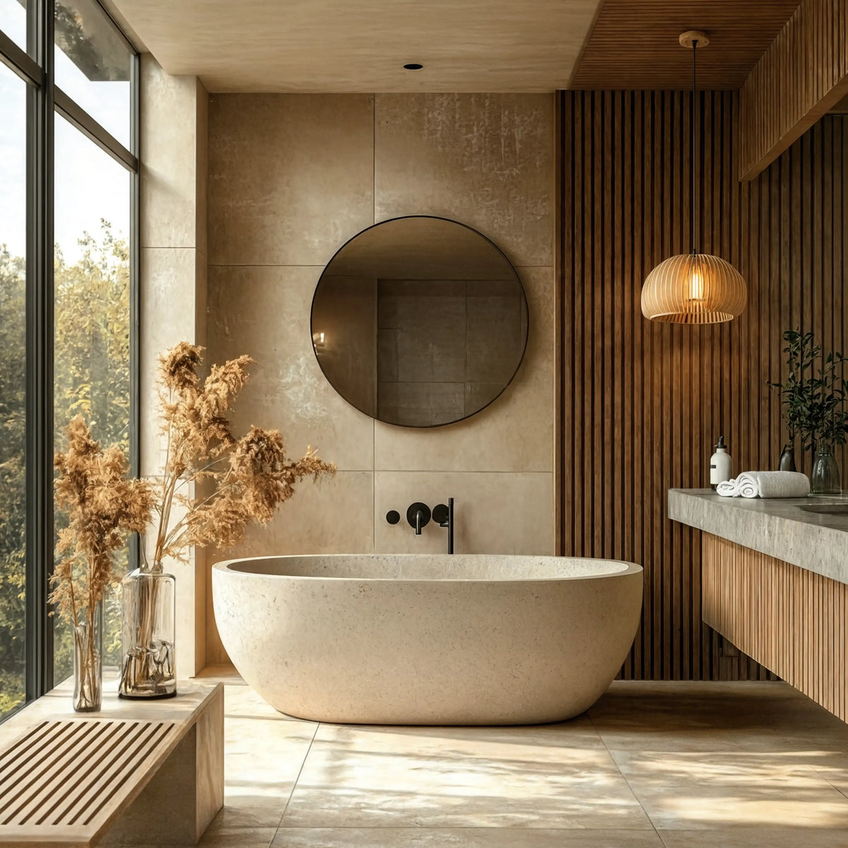 Kea rattan lantern pendant light – shown in a bathroom (4)