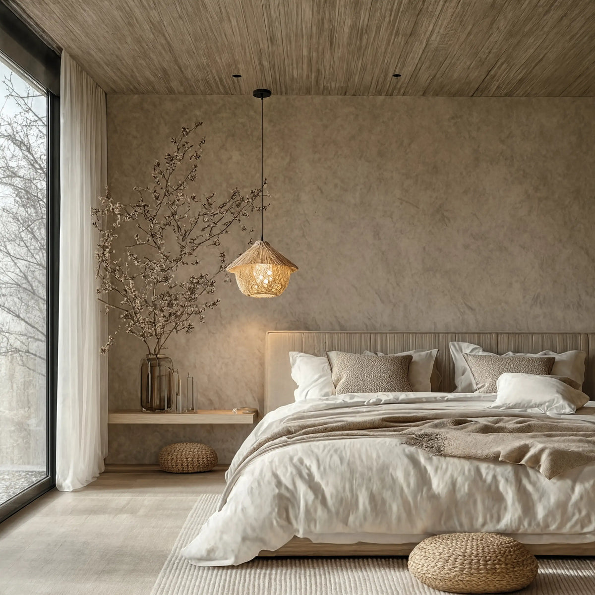 Locri boho rattan hut pendant light – shown in a bedroom (3)
