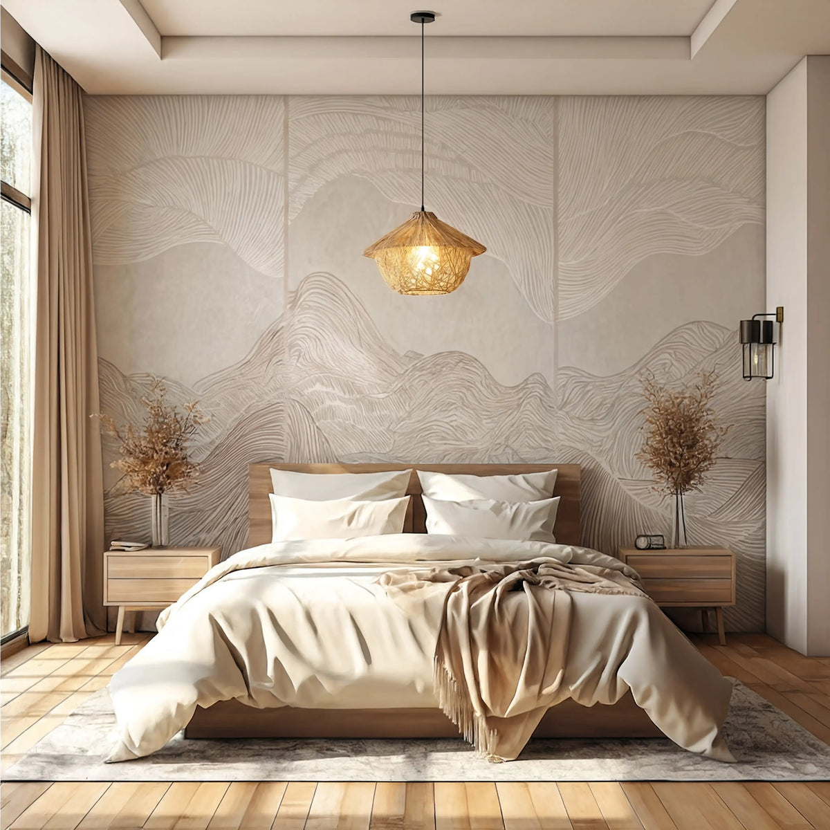 Locri boho rattan hut pendant light – shown in a bedroom (4)