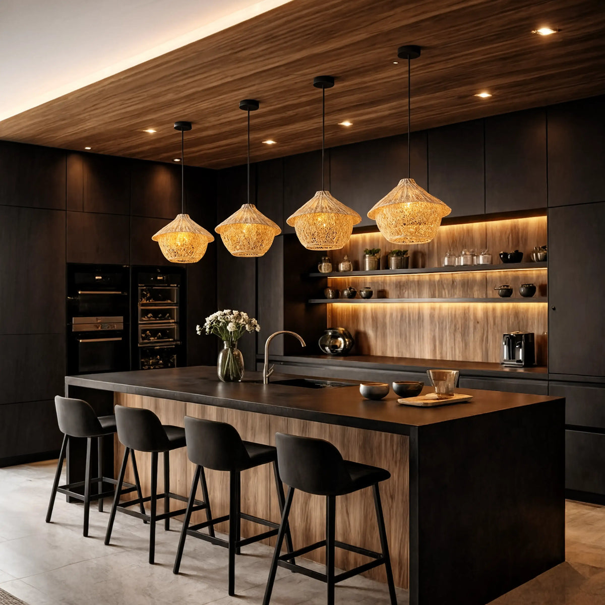 Locri boho rattan hut pendant light – shown in a kitchen