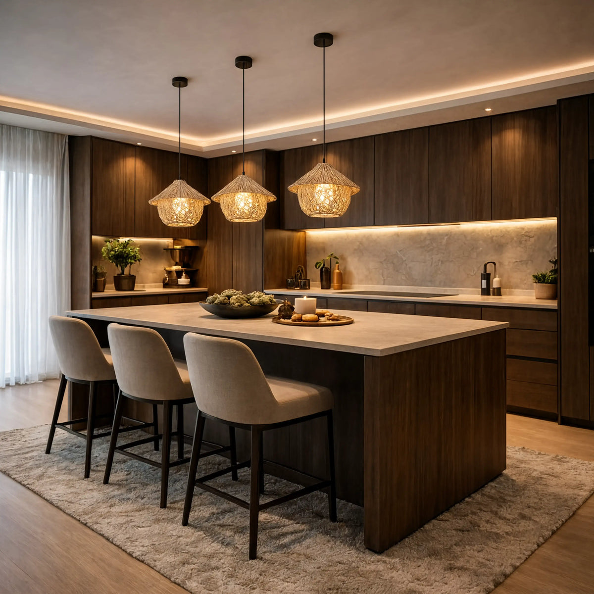 Locri boho rattan hut pendant light – shown in a kitchen (2)