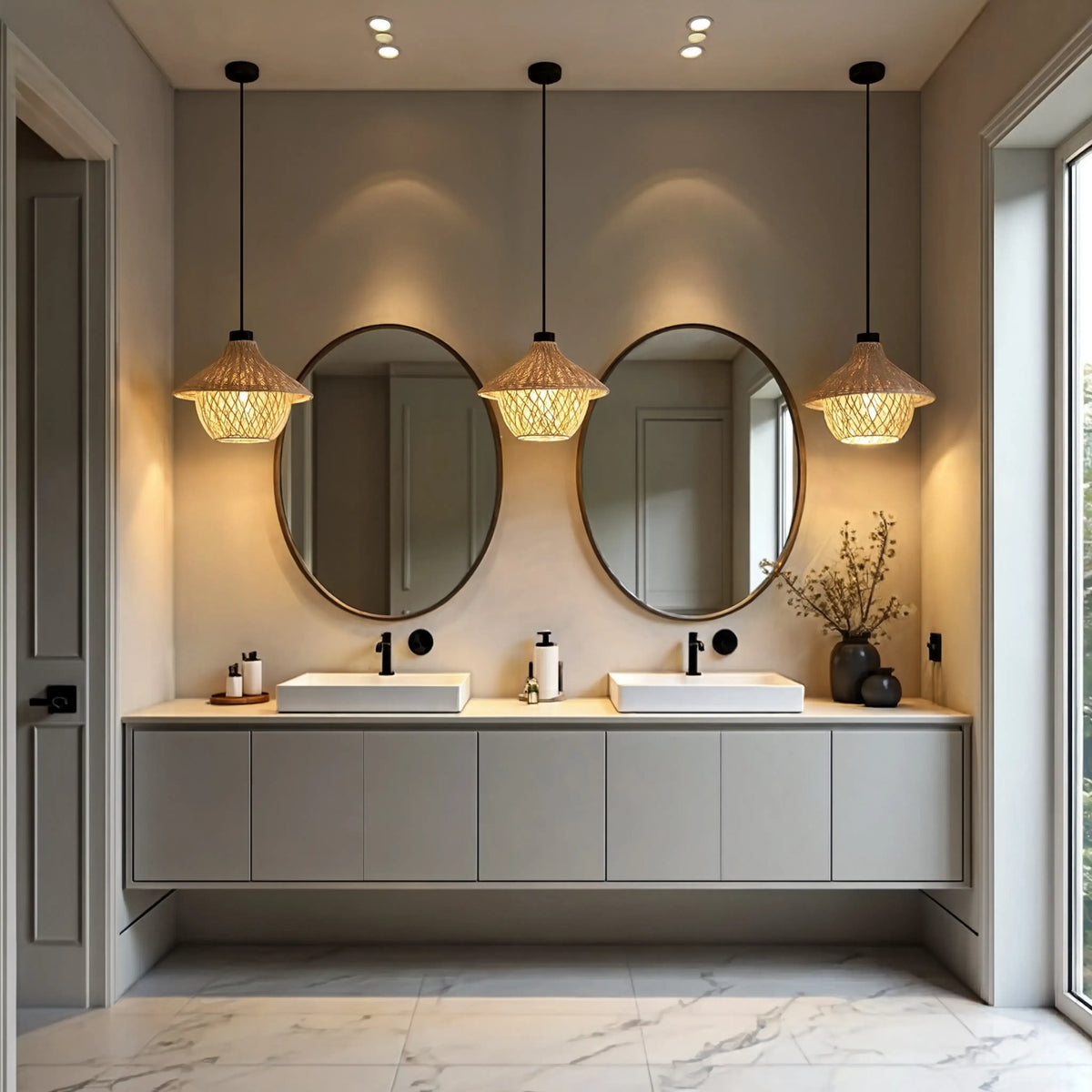 Locri boho rattan hut pendant light – shown in a bathroom