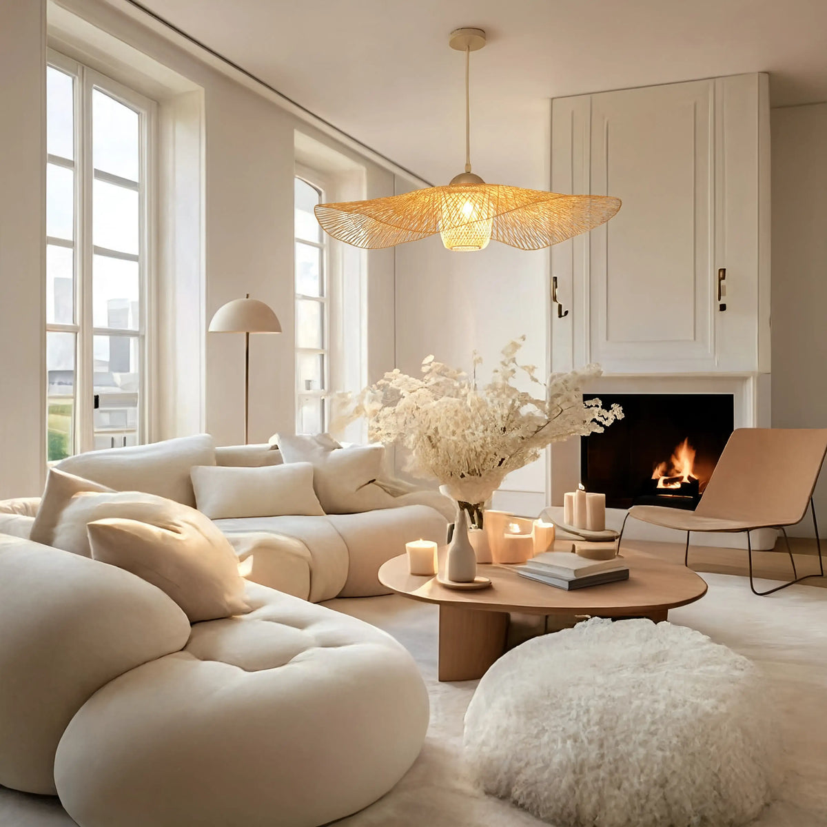 Marettimo wide-brim rattan hat pendant light – shown in a living room