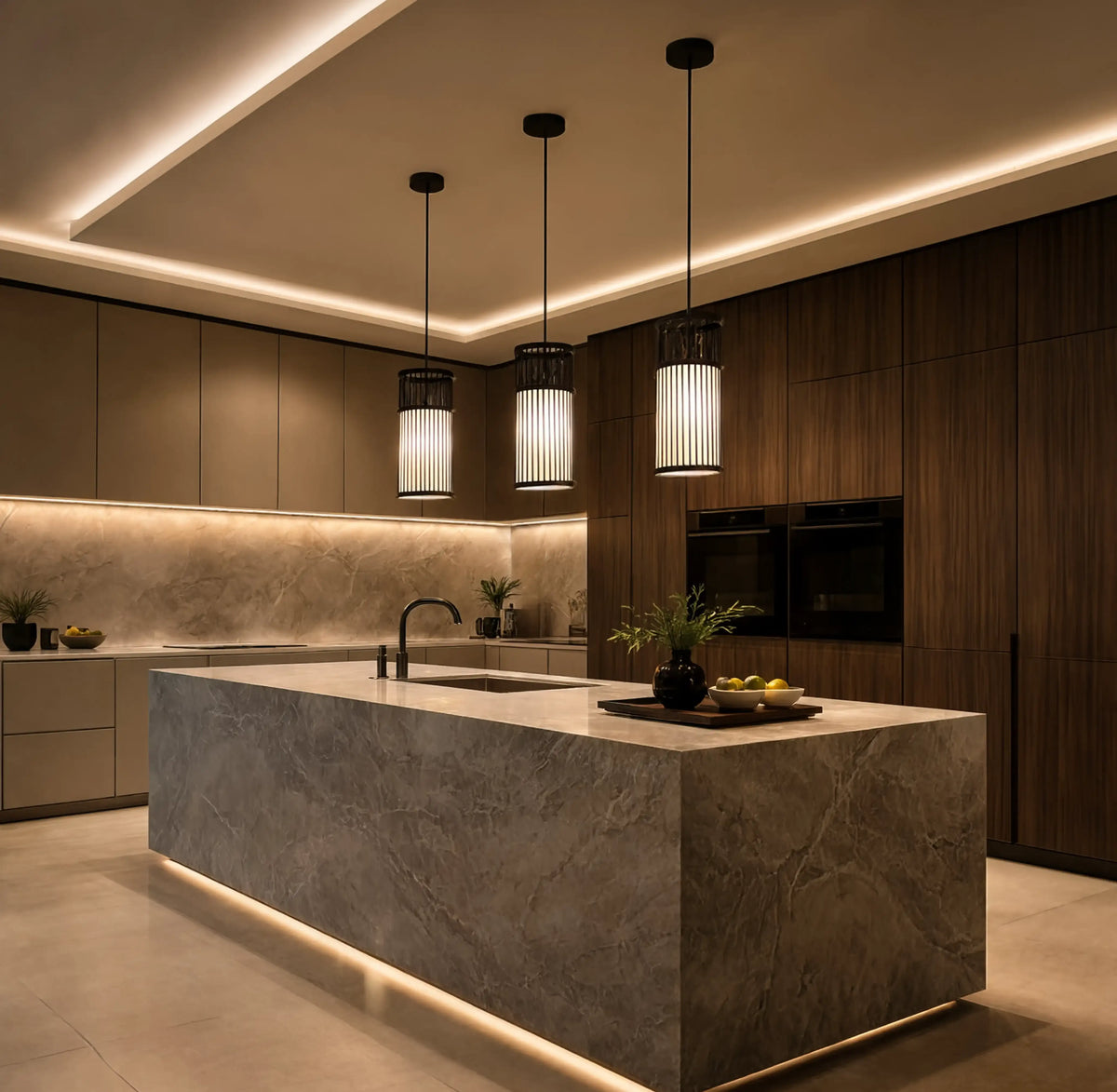 Murano slatted rattan column pendant light – shown in a kitchen (2)