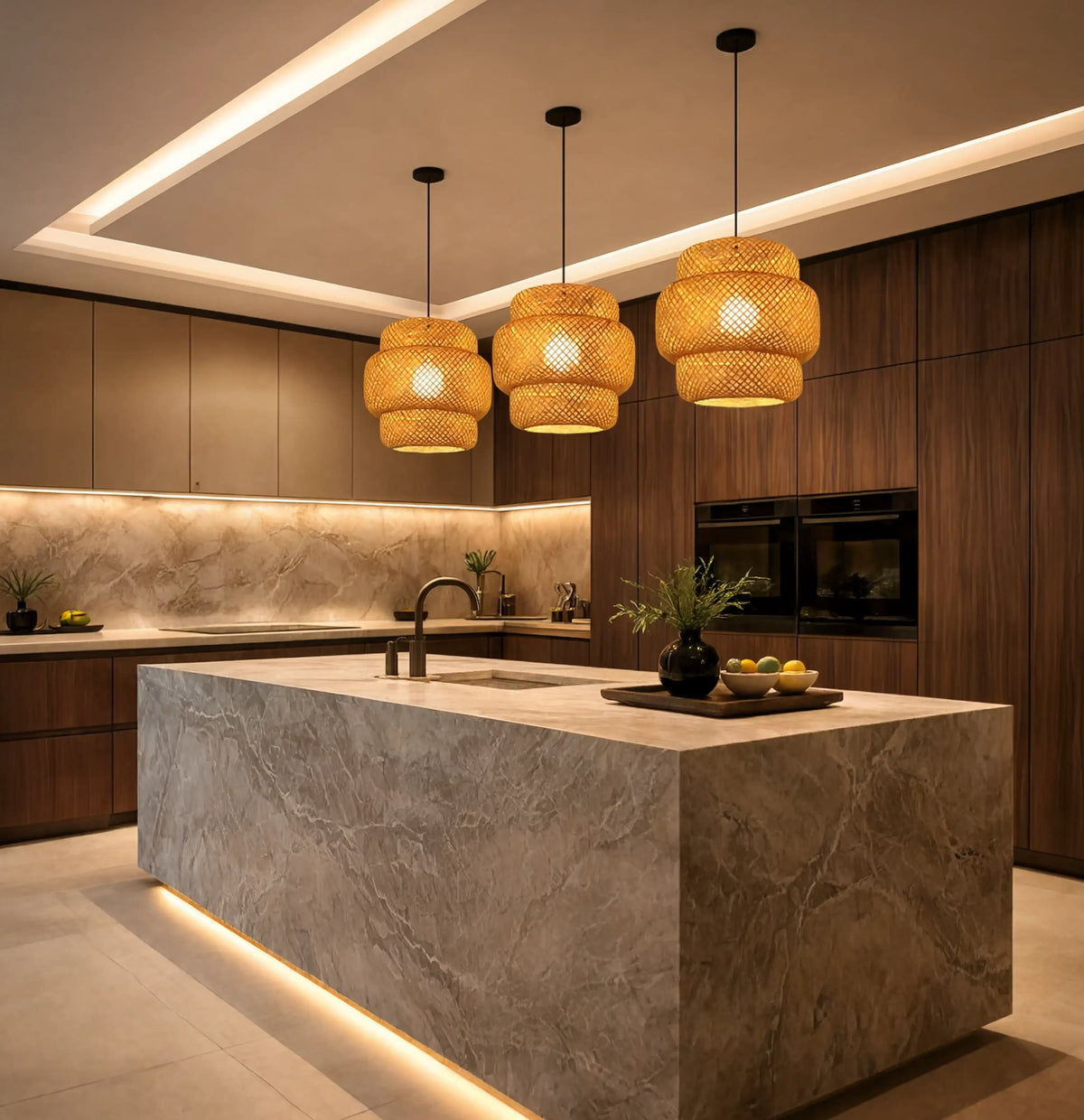 Olympia three-tier woven rattan pendant light – shown in a kitchen