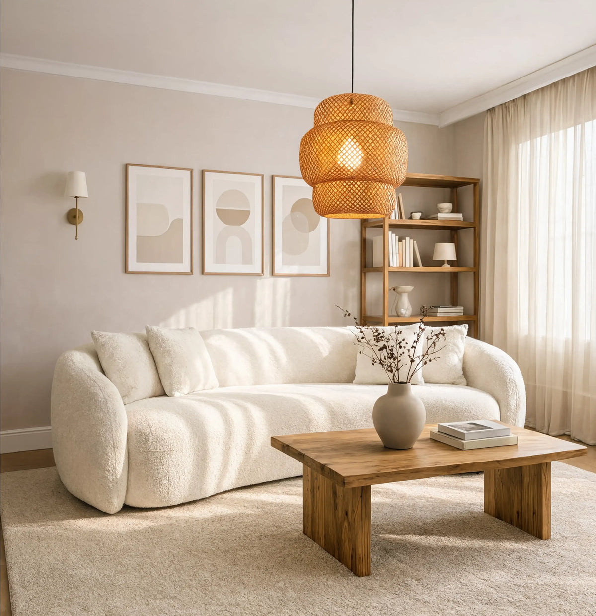 Olympia three-tier woven rattan pendant light – shown in a living room
