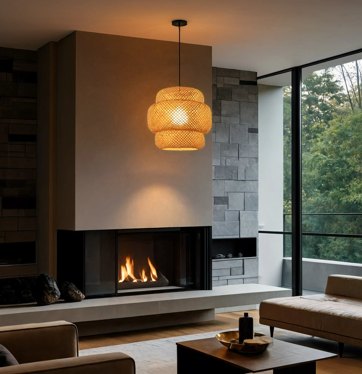 Olympia three-tier woven rattan pendant light – shown in a room setting (3)
