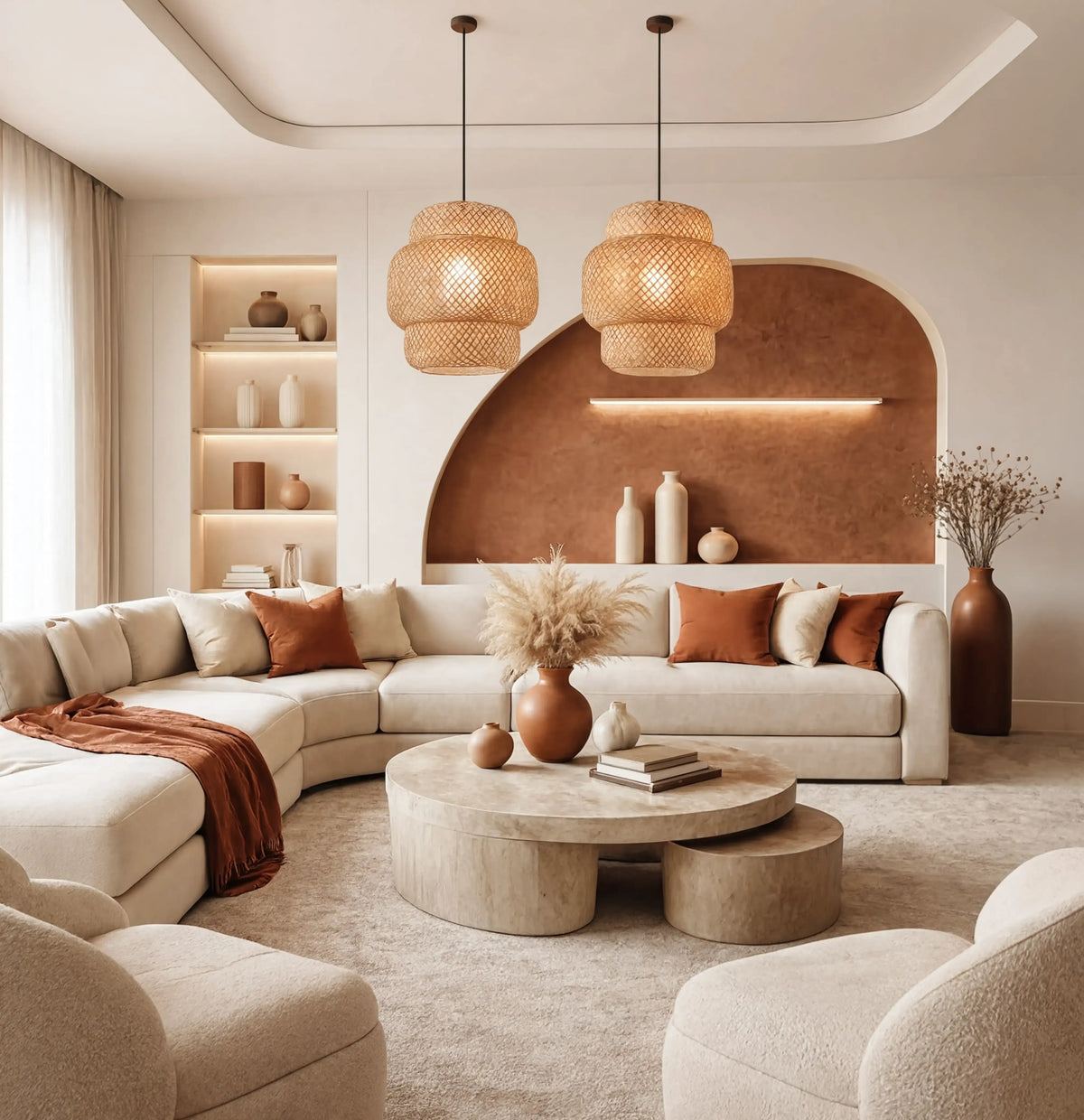 Olympia three-tier woven rattan pendant light – shown in a room setting (2)