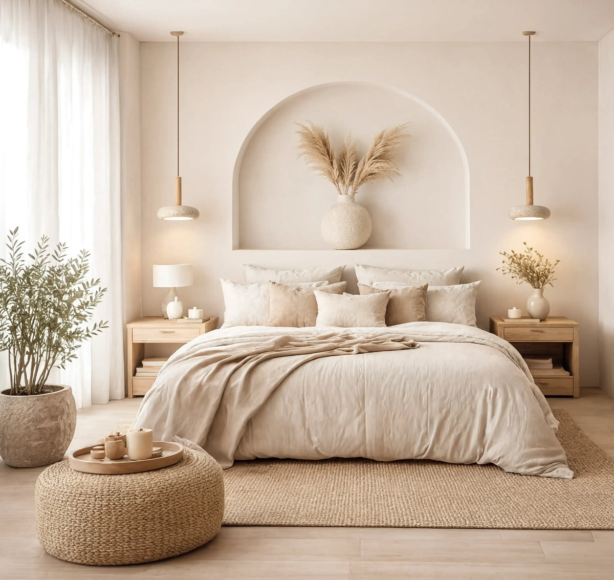 Nora low-profile travertine and light wood pendant light – shown in a bedroom