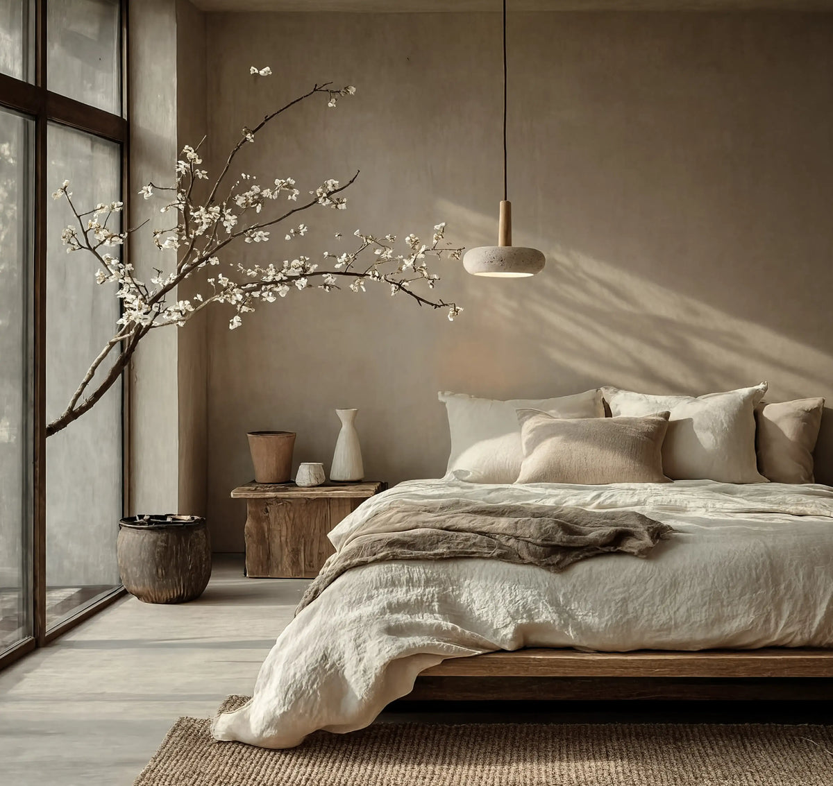 Nora low-profile travertine and light wood pendant light – shown in a bedroom (2)