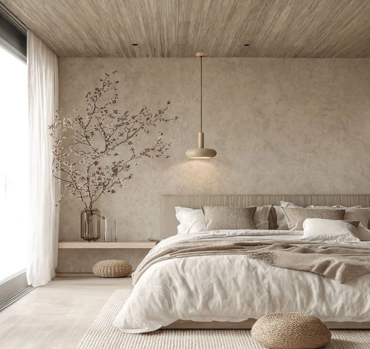 Nora low-profile travertine and light wood pendant light – shown in a bedroom (3)