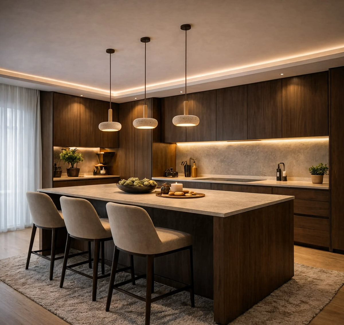 Nora low-profile travertine and light wood pendant light – shown in a kitchen
