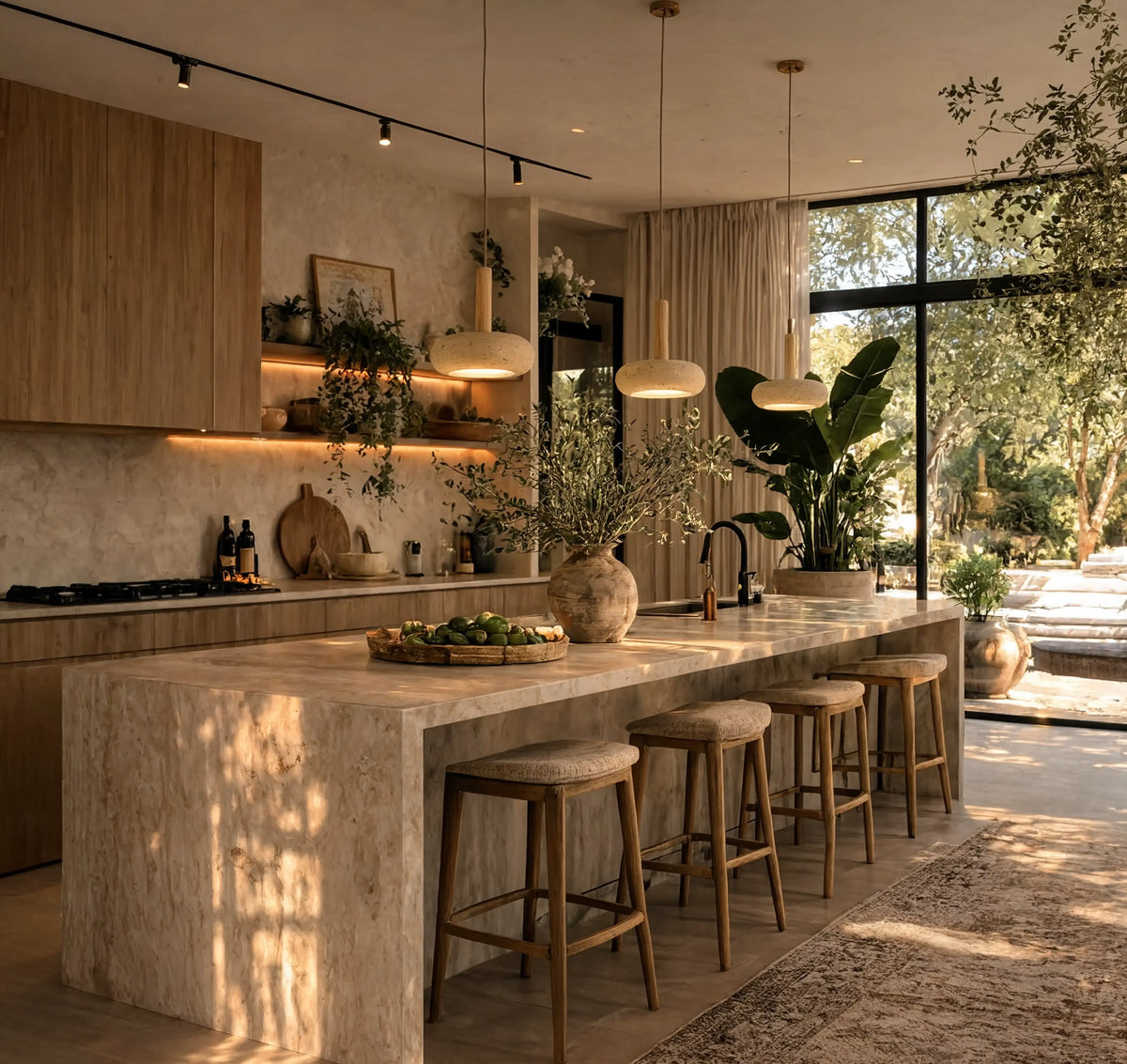 Nora low-profile travertine and light wood pendant light – shown in a kitchen (2)