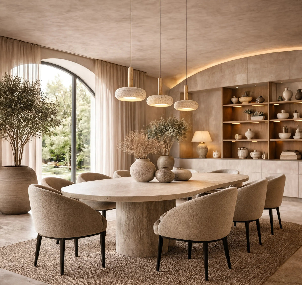 Nora low-profile travertine and light wood pendant light – shown in a dining room
