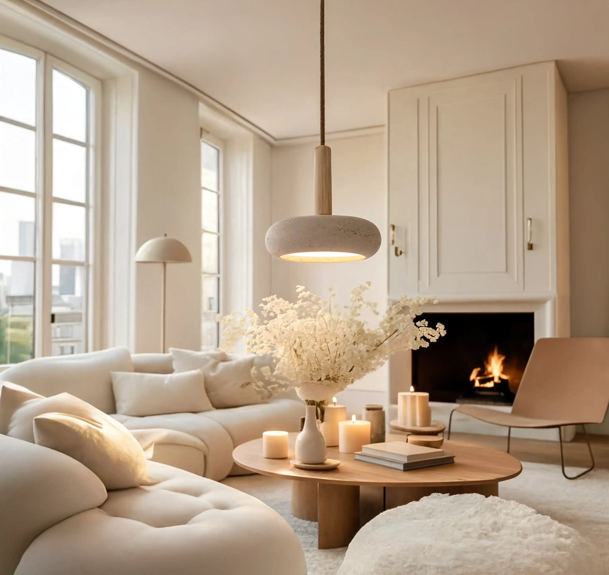 Nora low-profile travertine and light wood pendant light – shown in a living room