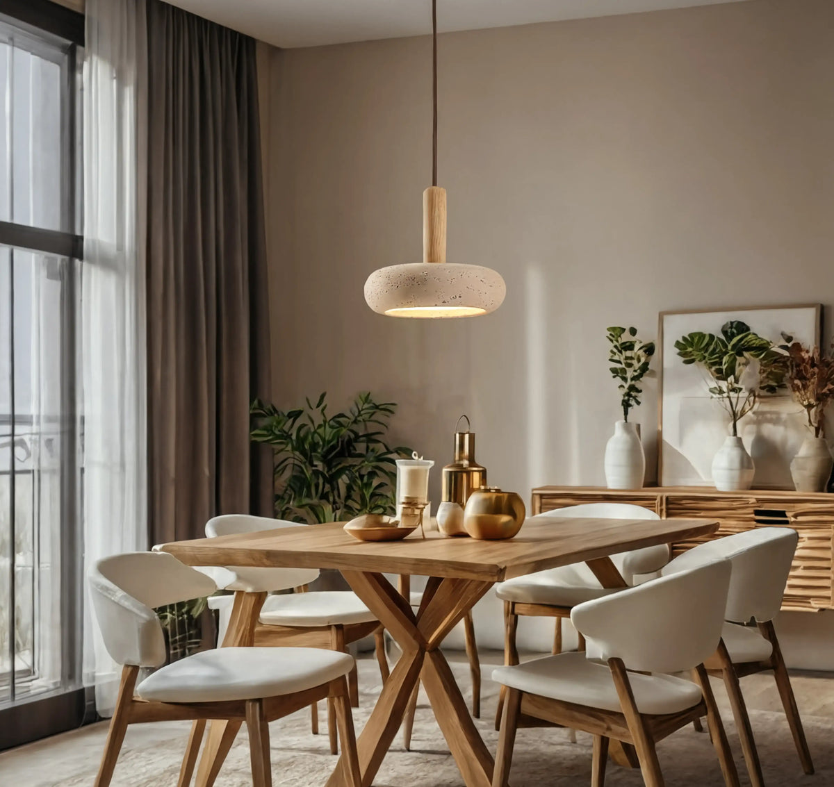 Nora low-profile travertine and light wood pendant light – shown in a room setting (3)