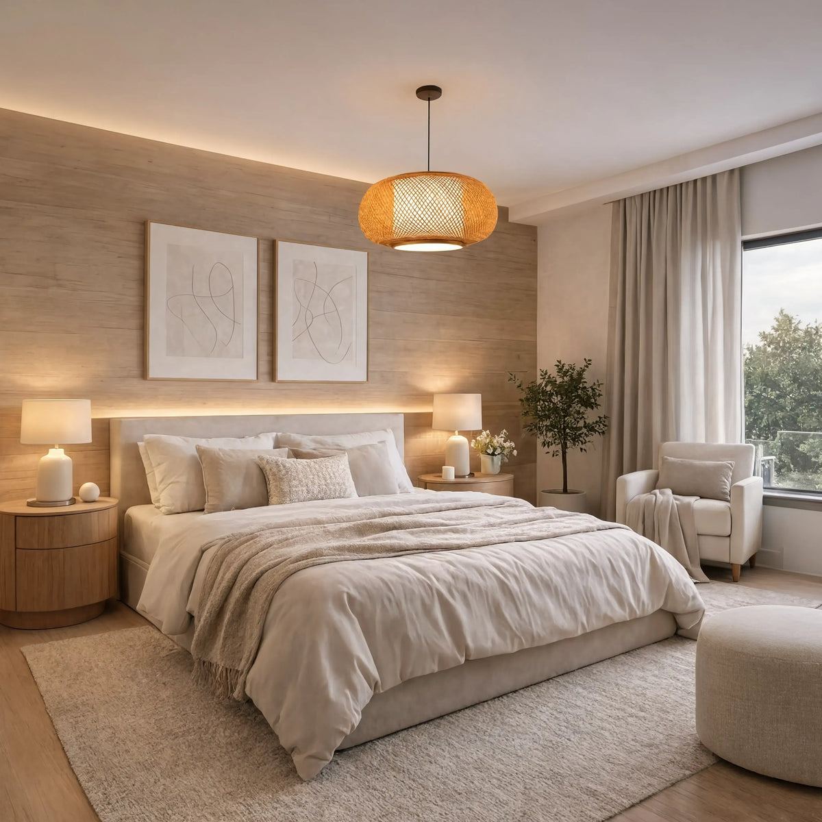 Paros openwork oval rattan pendant light – shown in a bedroom (3)