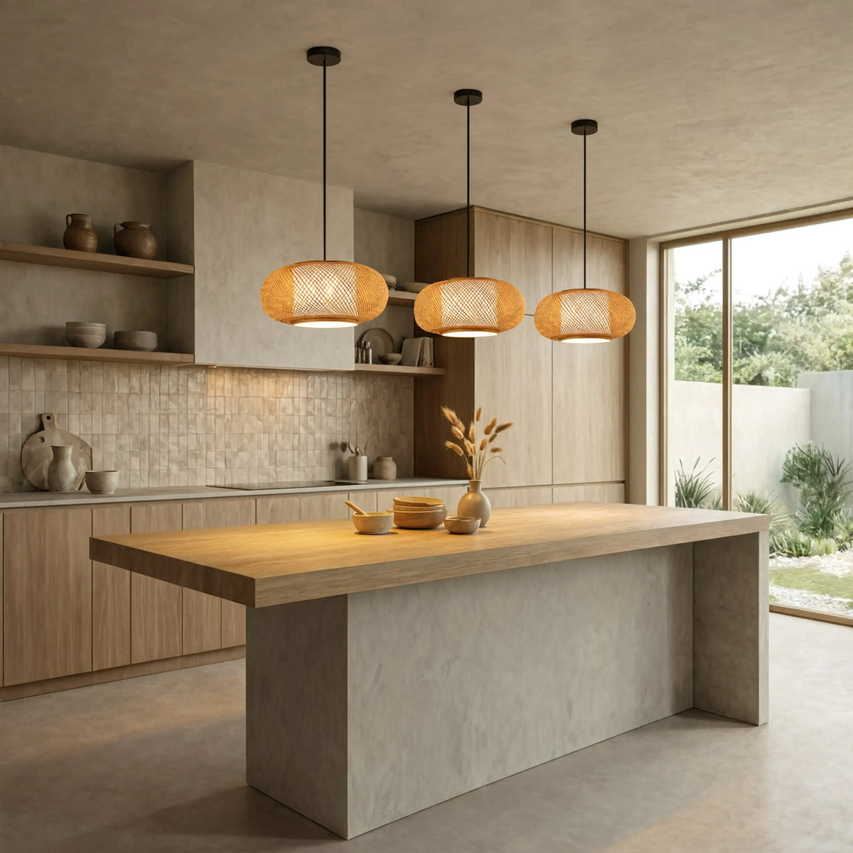 Paros openwork oval rattan pendant light – shown in a kitchen