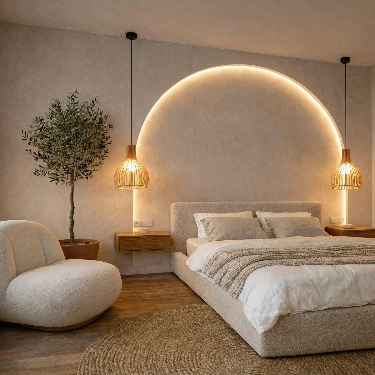 Paxos slatted rattan bulb pendant light – shown in a bedroom