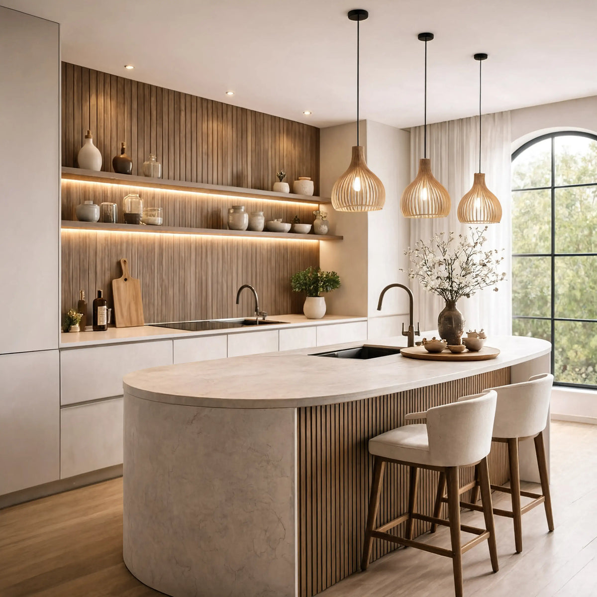 Paxos slatted rattan bulb pendant light – shown in a kitchen