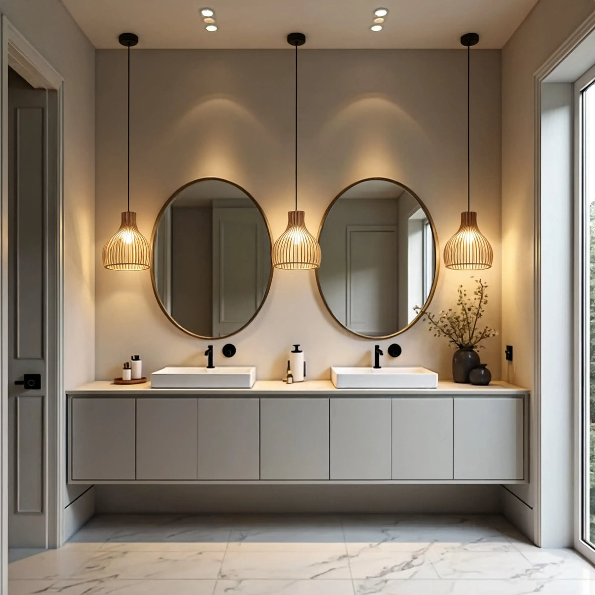 Paxos slatted rattan bulb pendant light – shown in a bathroom (2)