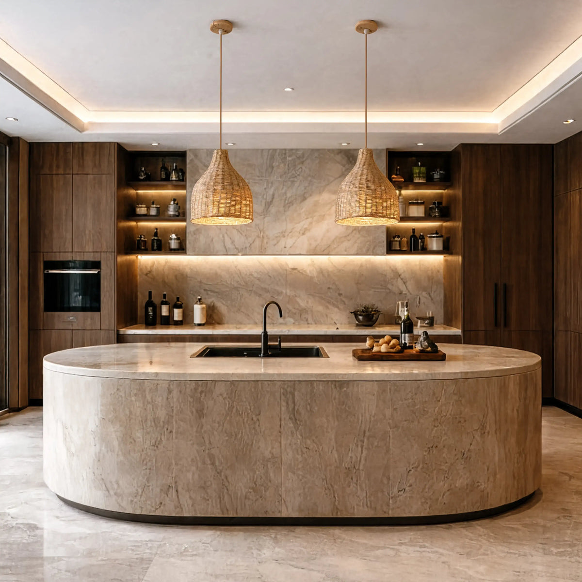 Serifos dense-weave rattan bell pendant light – shown in a kitchen