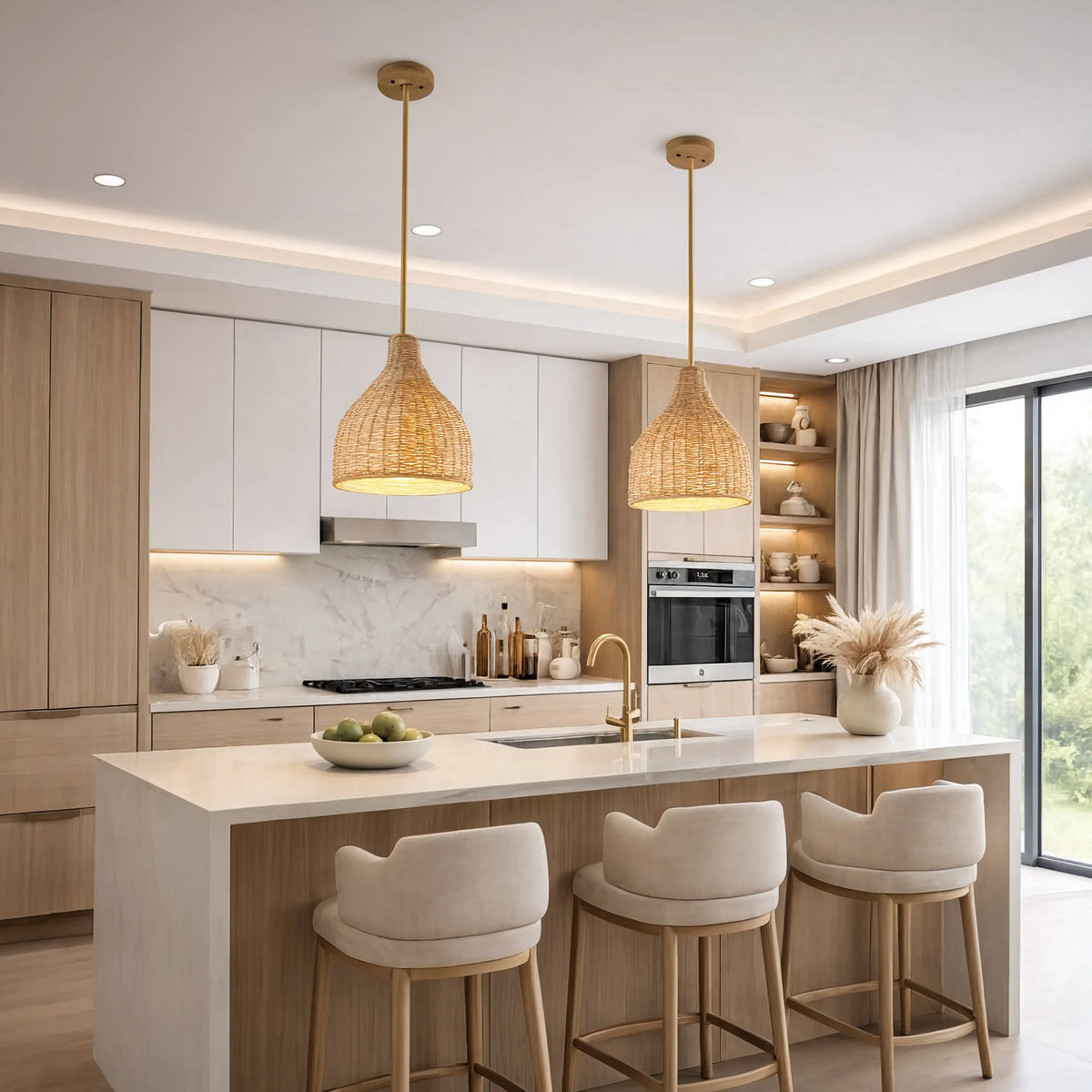 Serifos dense-weave rattan bell pendant light – shown in a kitchen (3)