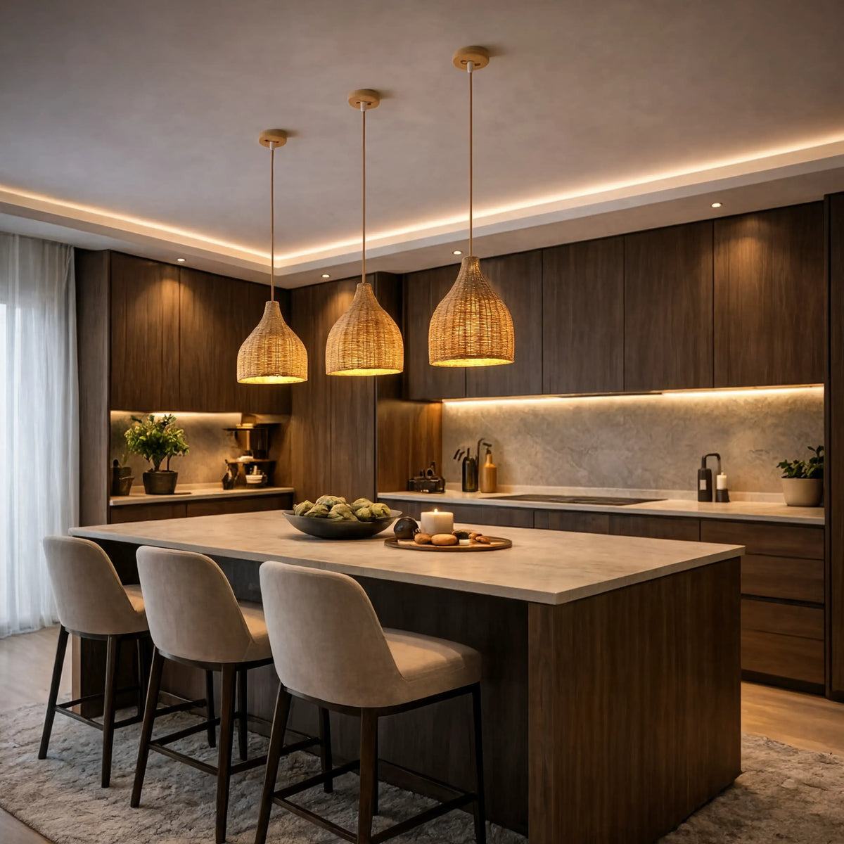 Serifos dense-weave rattan bell pendant light – shown in a kitchen (2)