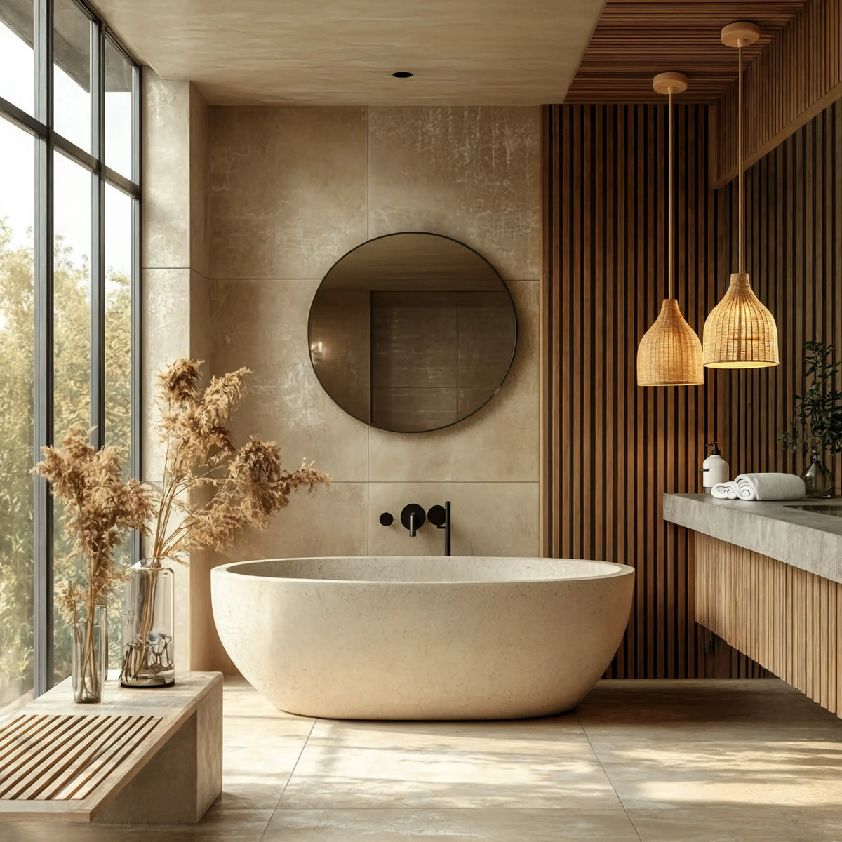 Serifos dense-weave rattan bell pendant light – shown in a bathroom