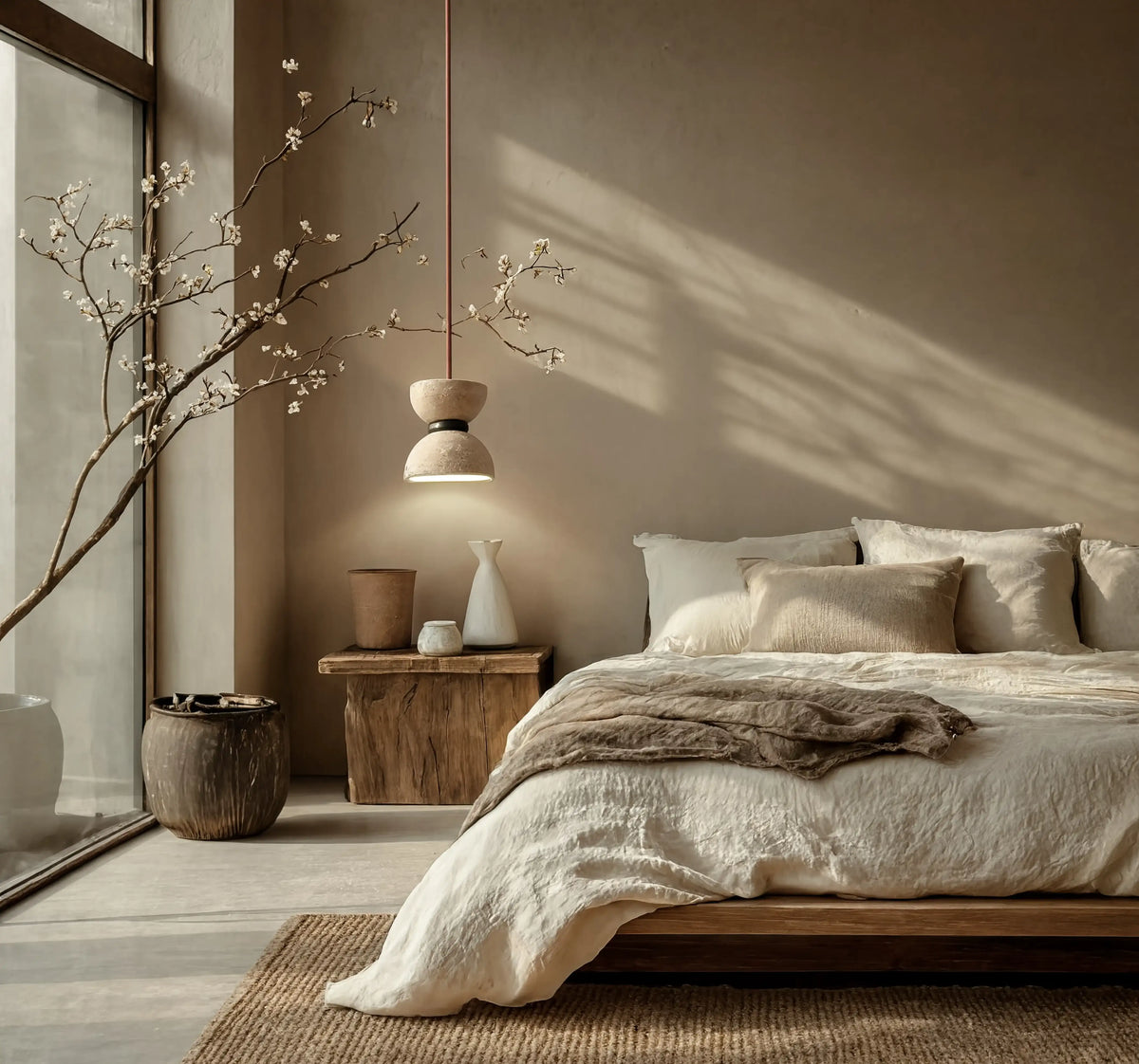 Sybaris travertine hourglass pendant light – shown in a bedroom