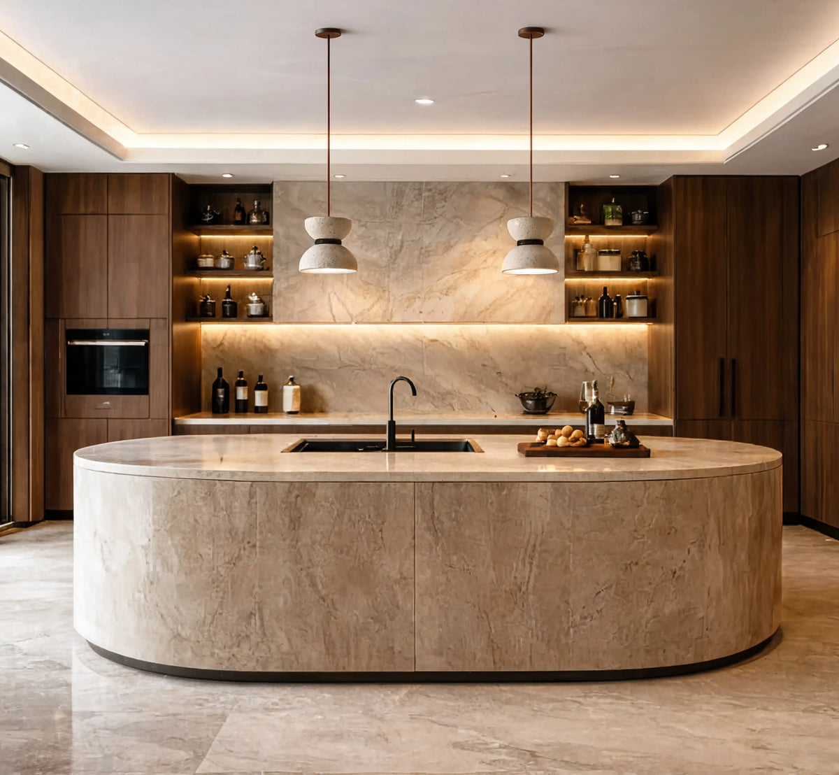 Sybaris travertine hourglass pendant light – shown in a kitchen
