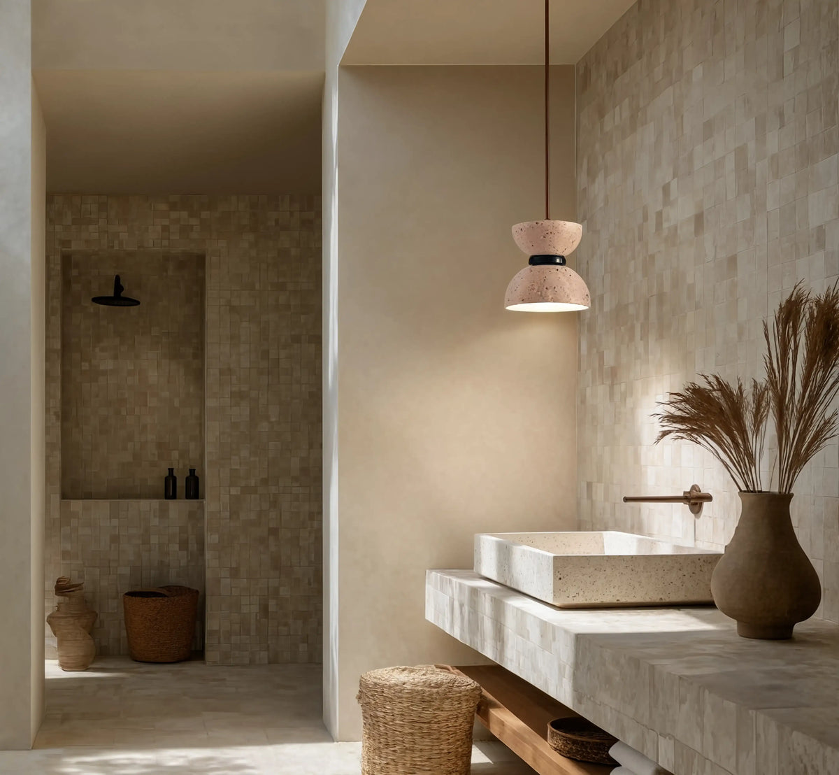 Sybaris travertine hourglass pendant light – shown in a bathroom (2)