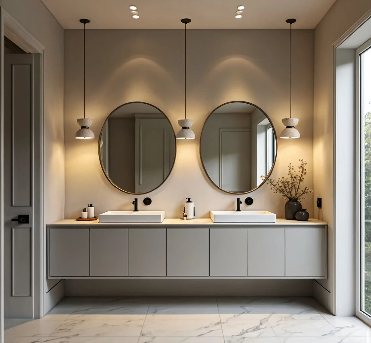 Sybaris travertine hourglass pendant light – shown in a bathroom