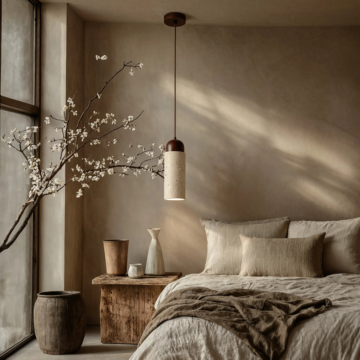 Terracina travertine tube pendant with dark wood dome – shown in a bedroom