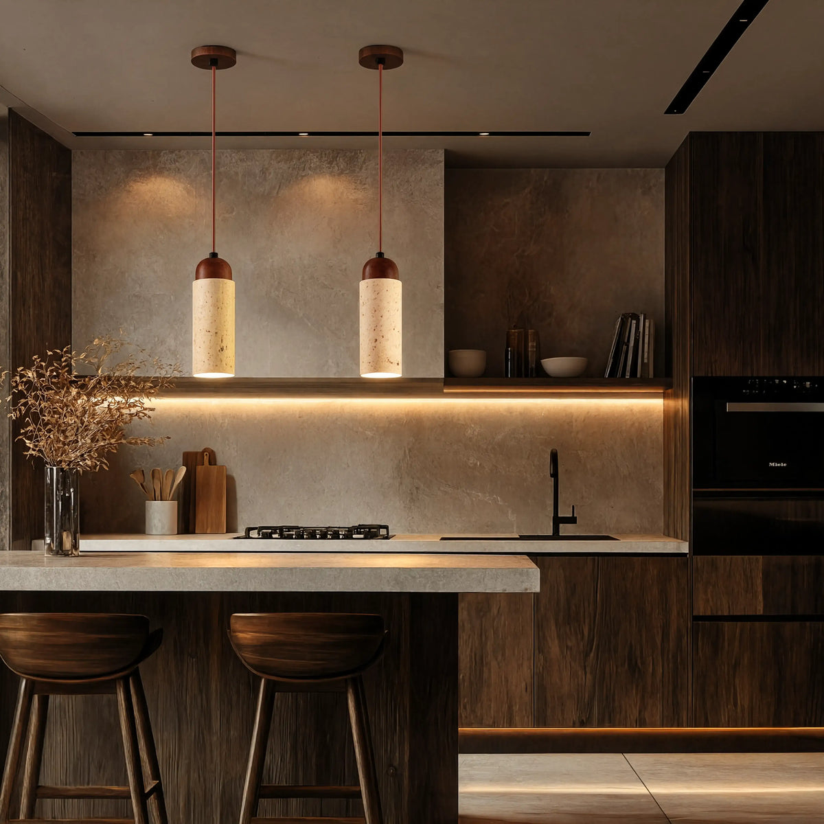 Terracina travertine tube pendant with dark wood dome – shown in a kitchen (3)