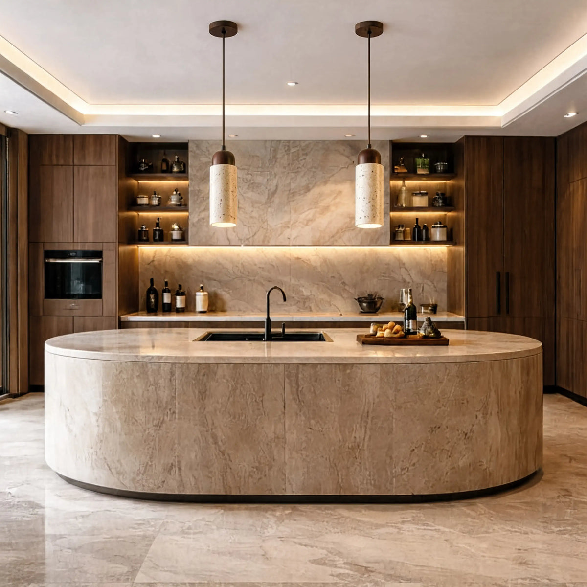 Terracina travertine tube pendant with dark wood dome – shown in a kitchen