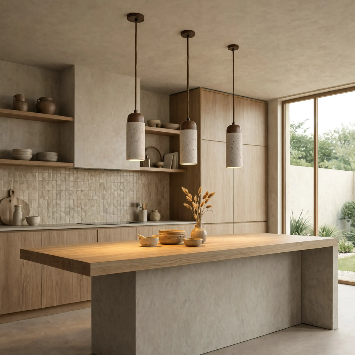 Terracina travertine tube pendant with dark wood dome – shown in a kitchen (5)