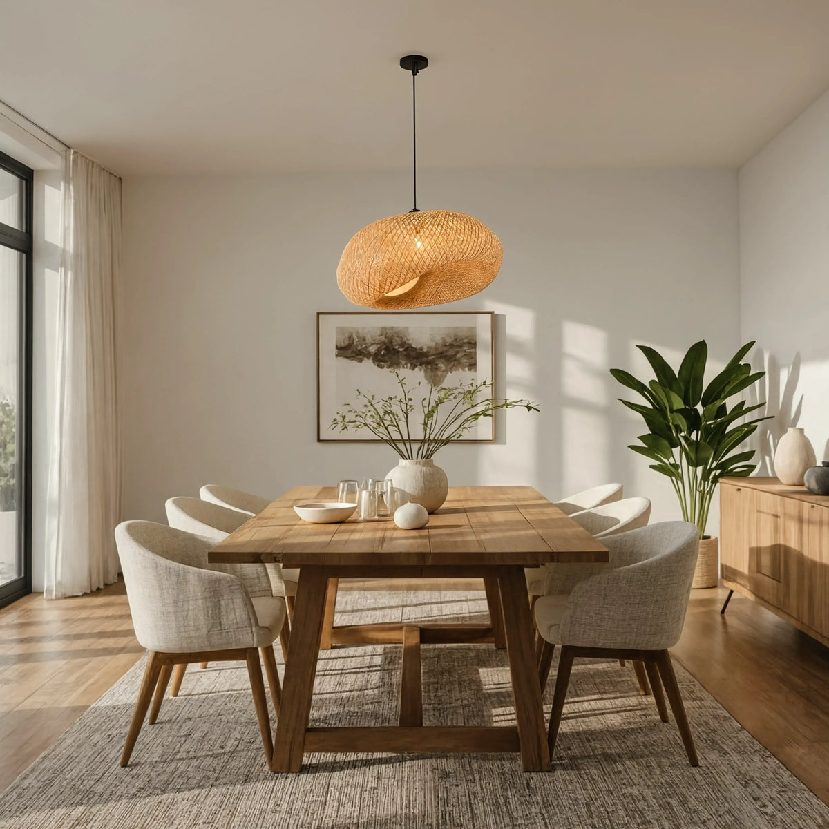 Triton twisted woven rattan pendant light – shown in a bedroom (5)