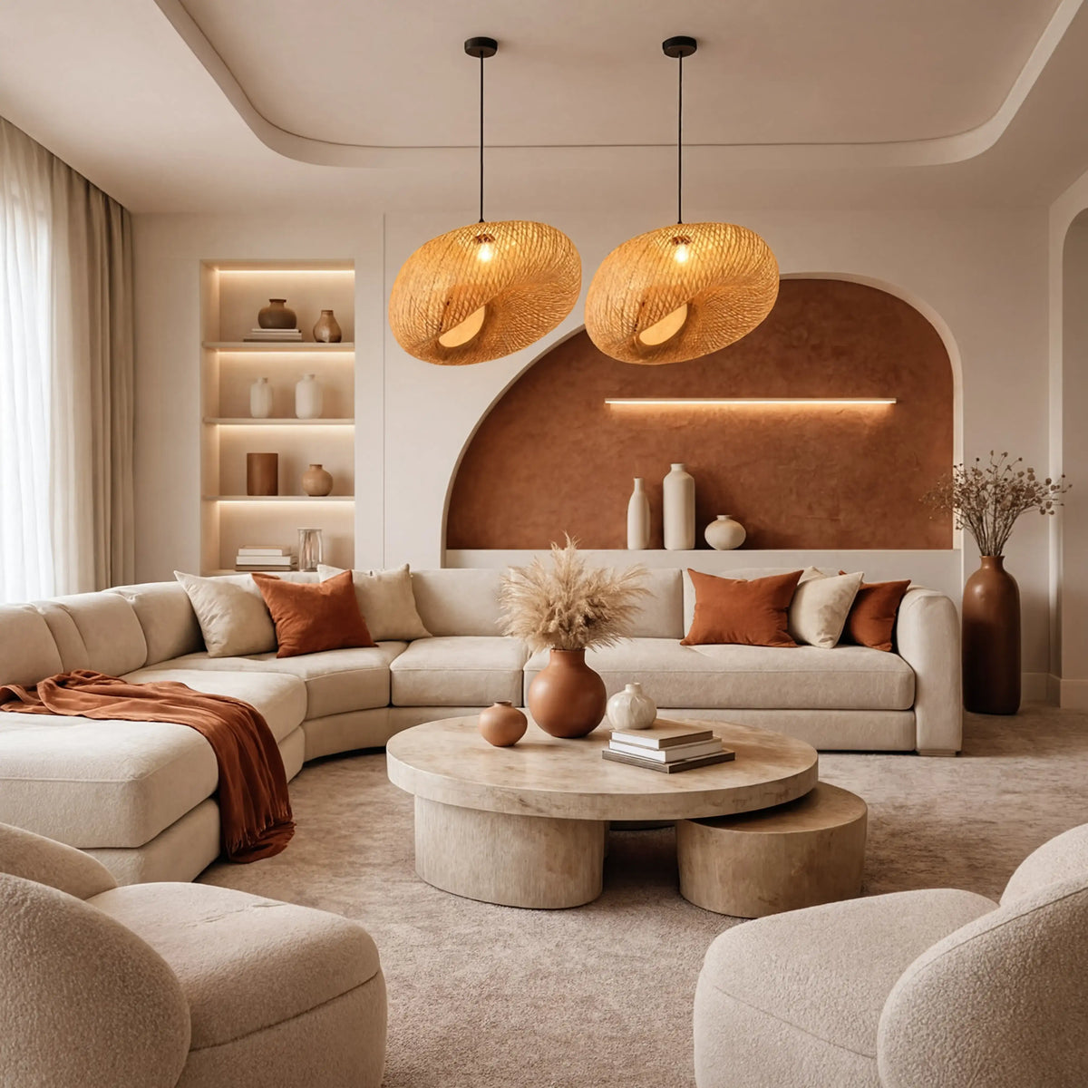 Triton twisted woven rattan pendant light – shown in a bedroom