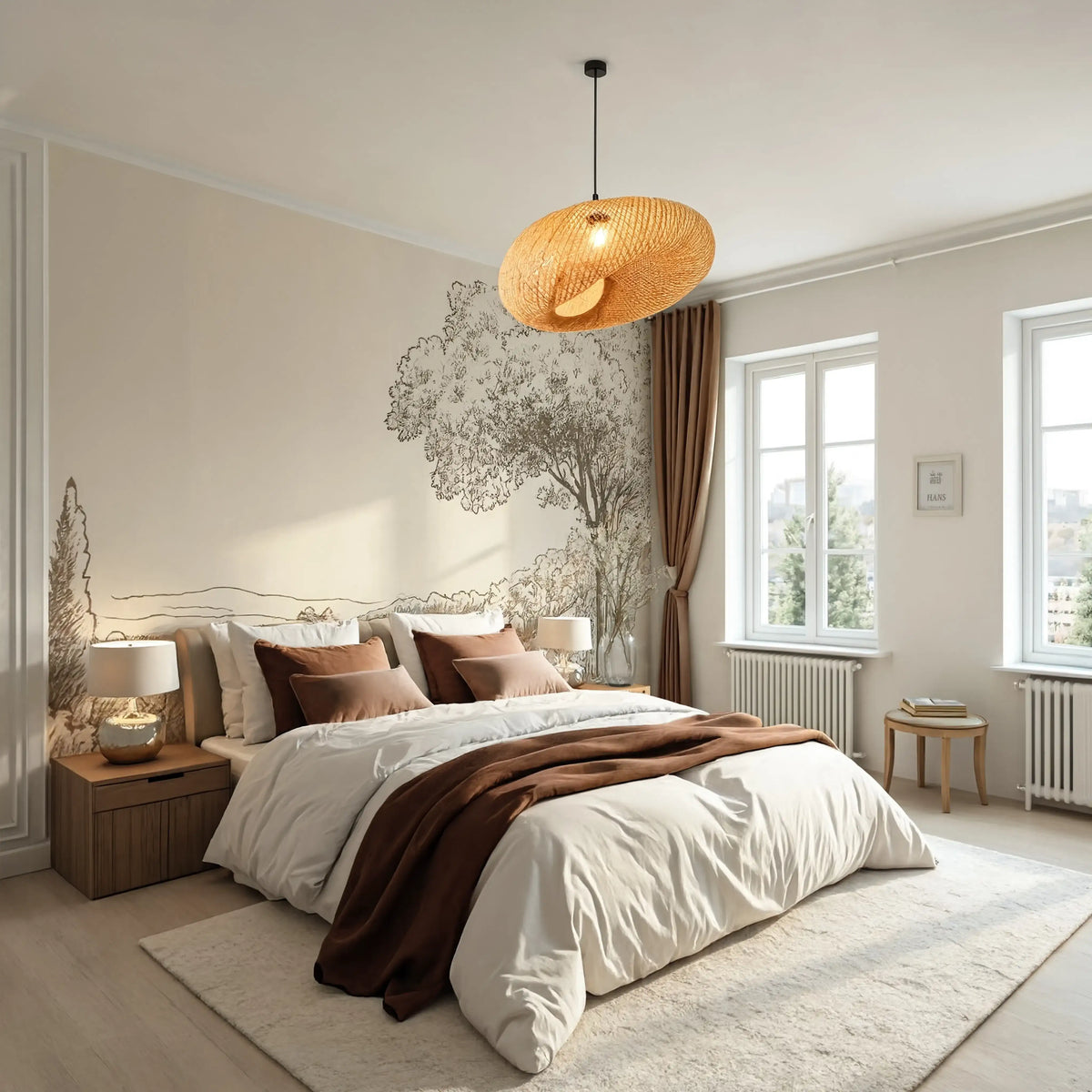 Triton twisted woven rattan pendant light – shown in a bedroom (7)