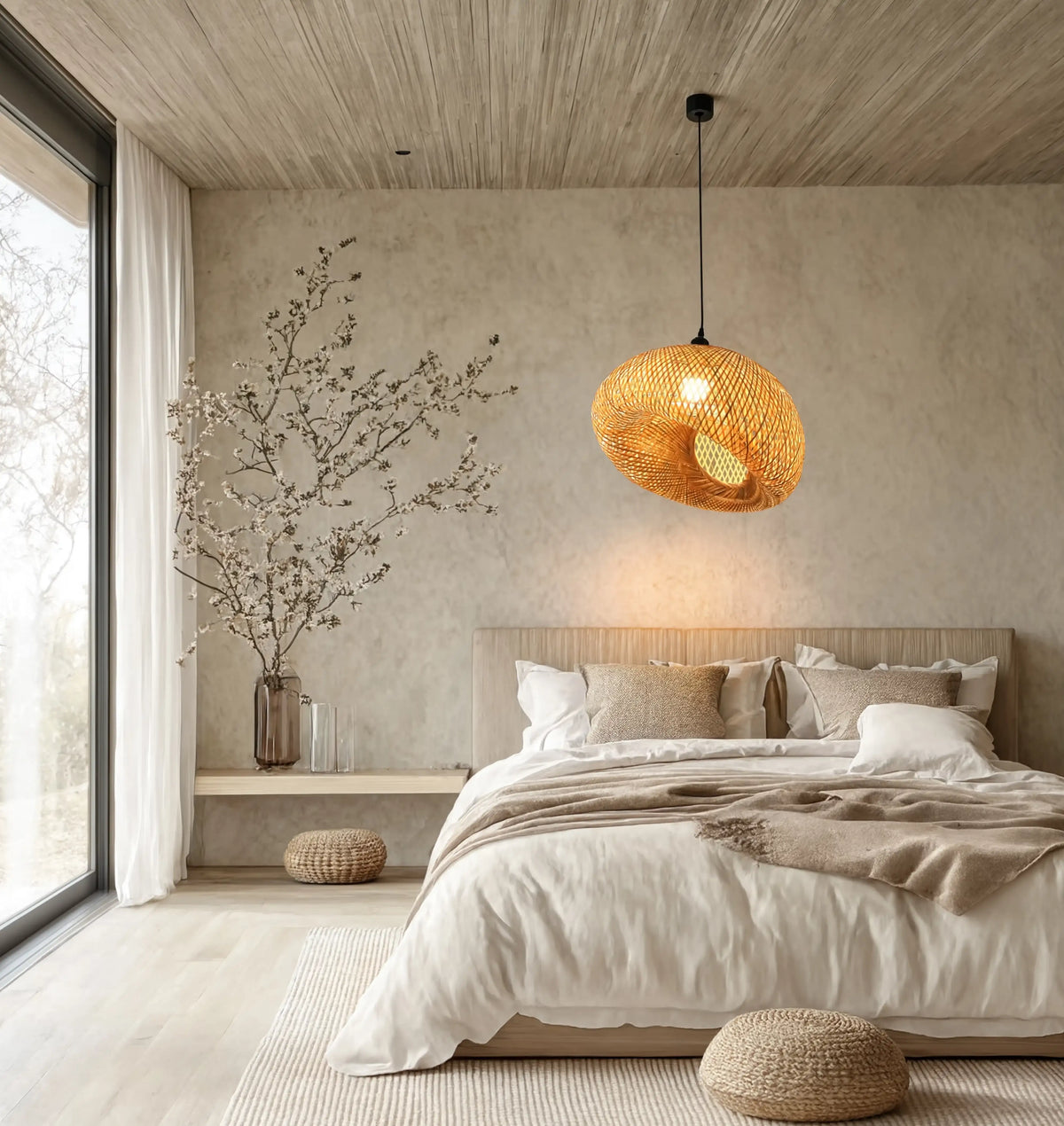 Triton twisted woven rattan pendant light – shown in a bedroom (3)