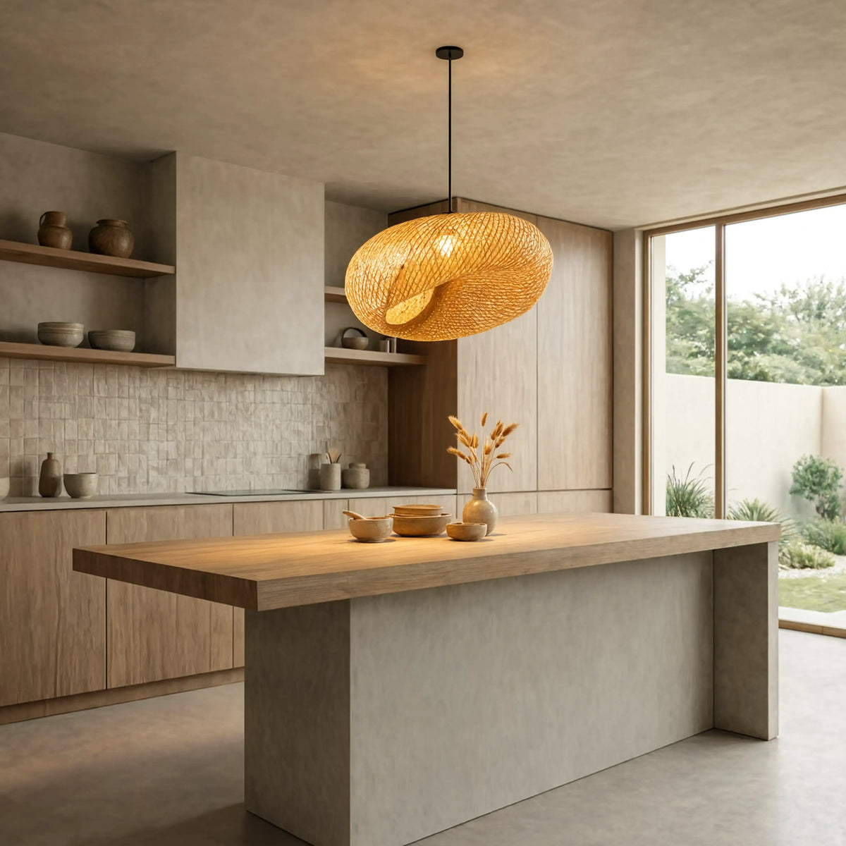 Triton twisted woven rattan pendant light – shown in a kitchen (3)
