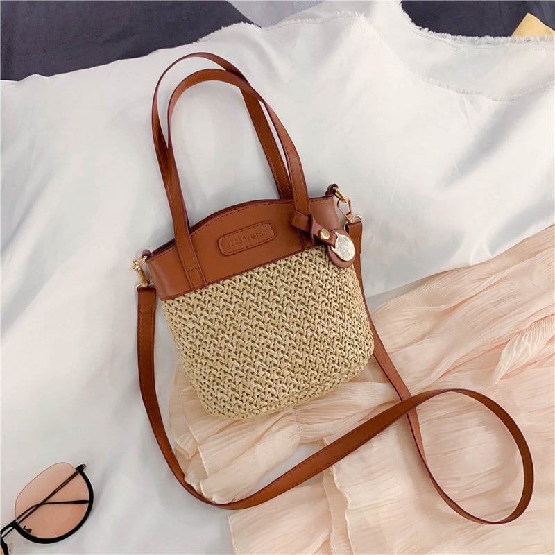 Straw handbag with soft faux leather trim – another view