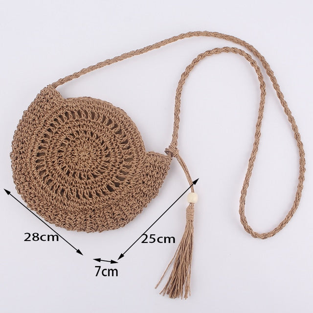 Soft round handwoven straw bag – brown variant, dimensions diagram