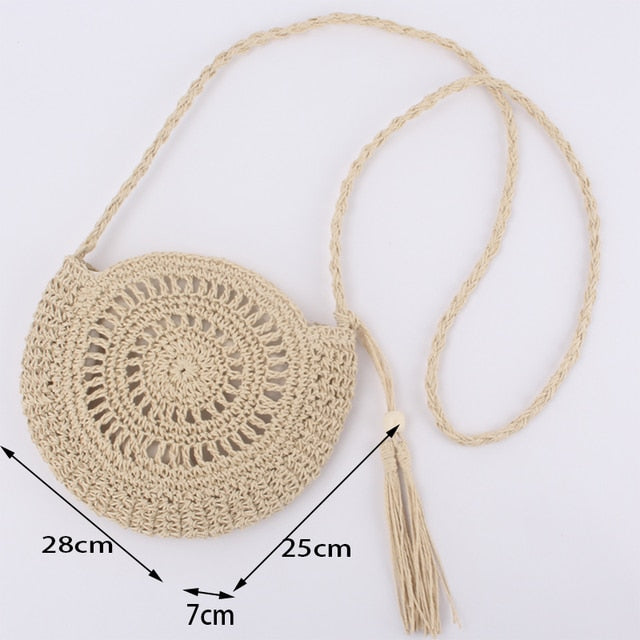 Soft round handwoven straw bag – beige variant, dimensions diagram
